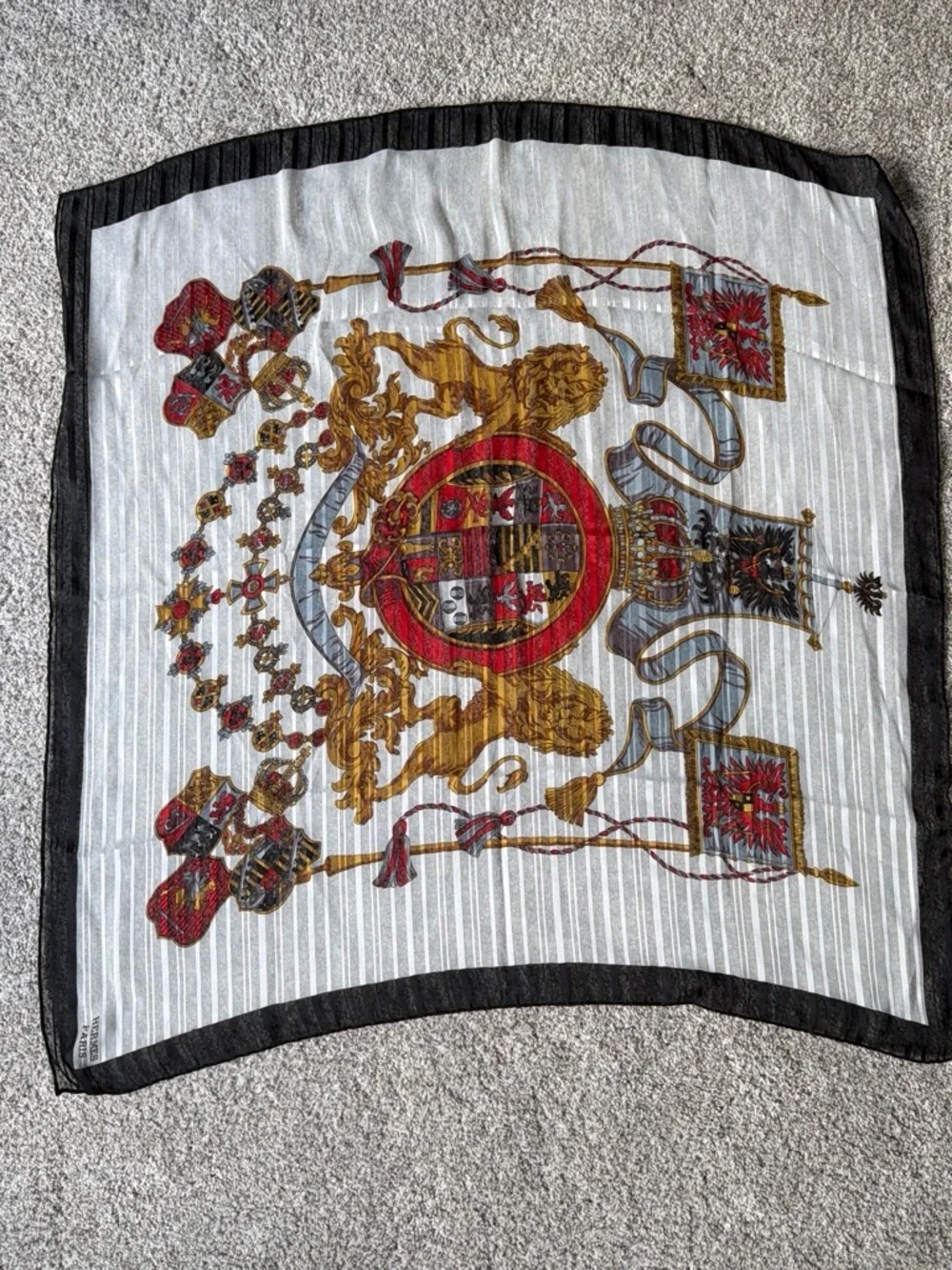 Hermes White Black Gold Red Crest Silk Scarf